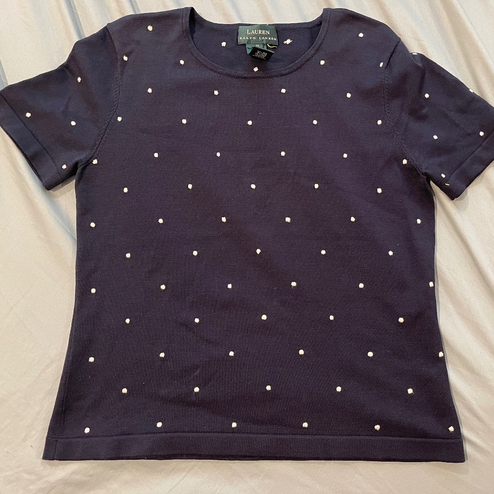 Lauren Ralph Lauren Silk Knit Short Sleeve Top Size M Navy and White